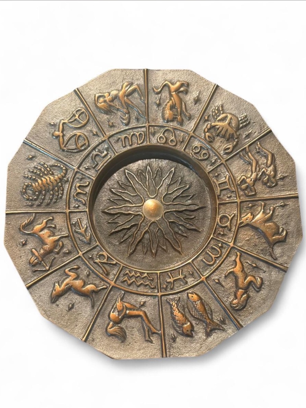 VTG 70s Brutalist Brass Zodiac Sunburst Tray Korean Brass Celestial Decor 8” D